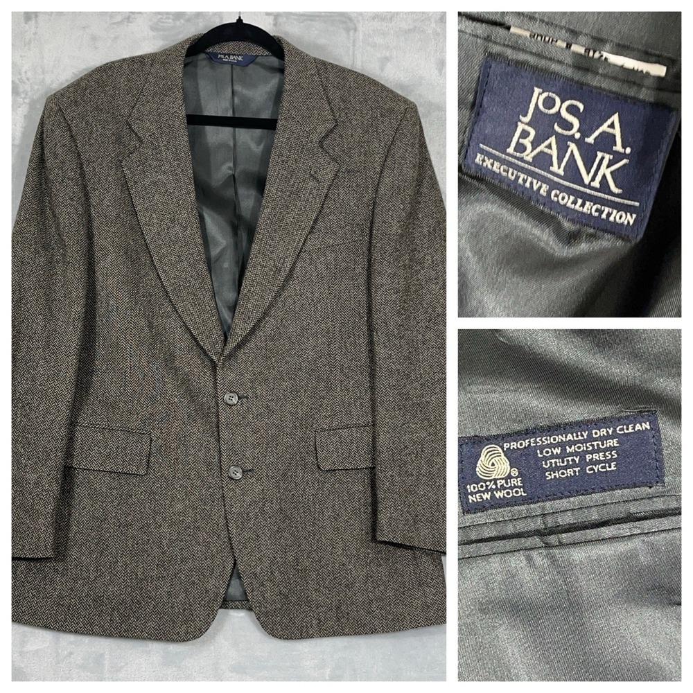 Jos A Bank Blazer Men 42R Gray Black‎ Wool Herringbone Jacket Suit Coat Office